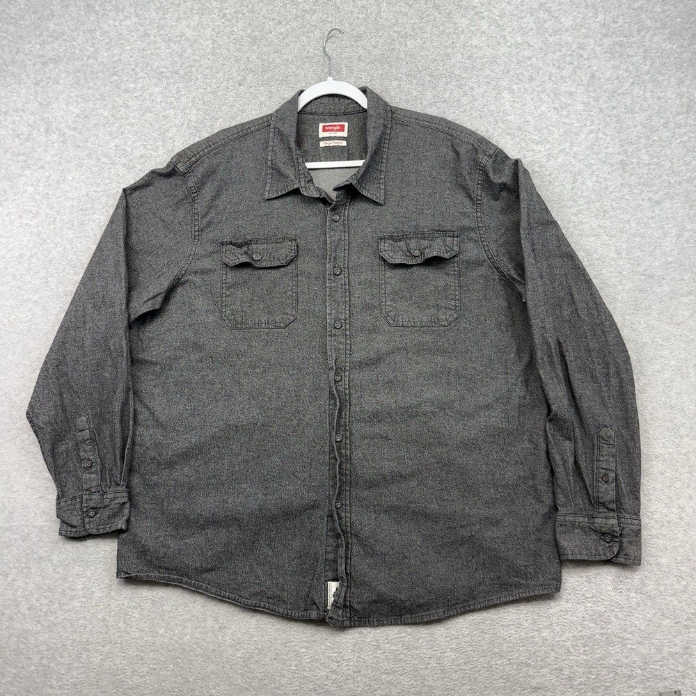 Wrangler Mens 2XL Button Up Work Shirt Black Denim Chambray Gray Western Cowboy
